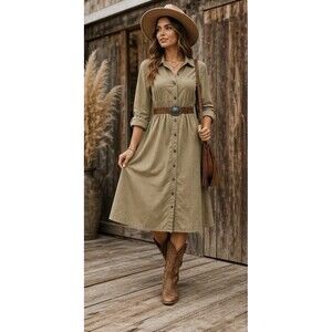 FADS Women’s Khaki Shirt Dress Button Front Long Sleeve A-Line Casual  90s Sz 10